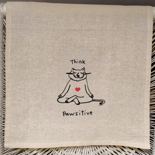 Handmade Think Pawsitive Kitty on Cotton Tea Towel
