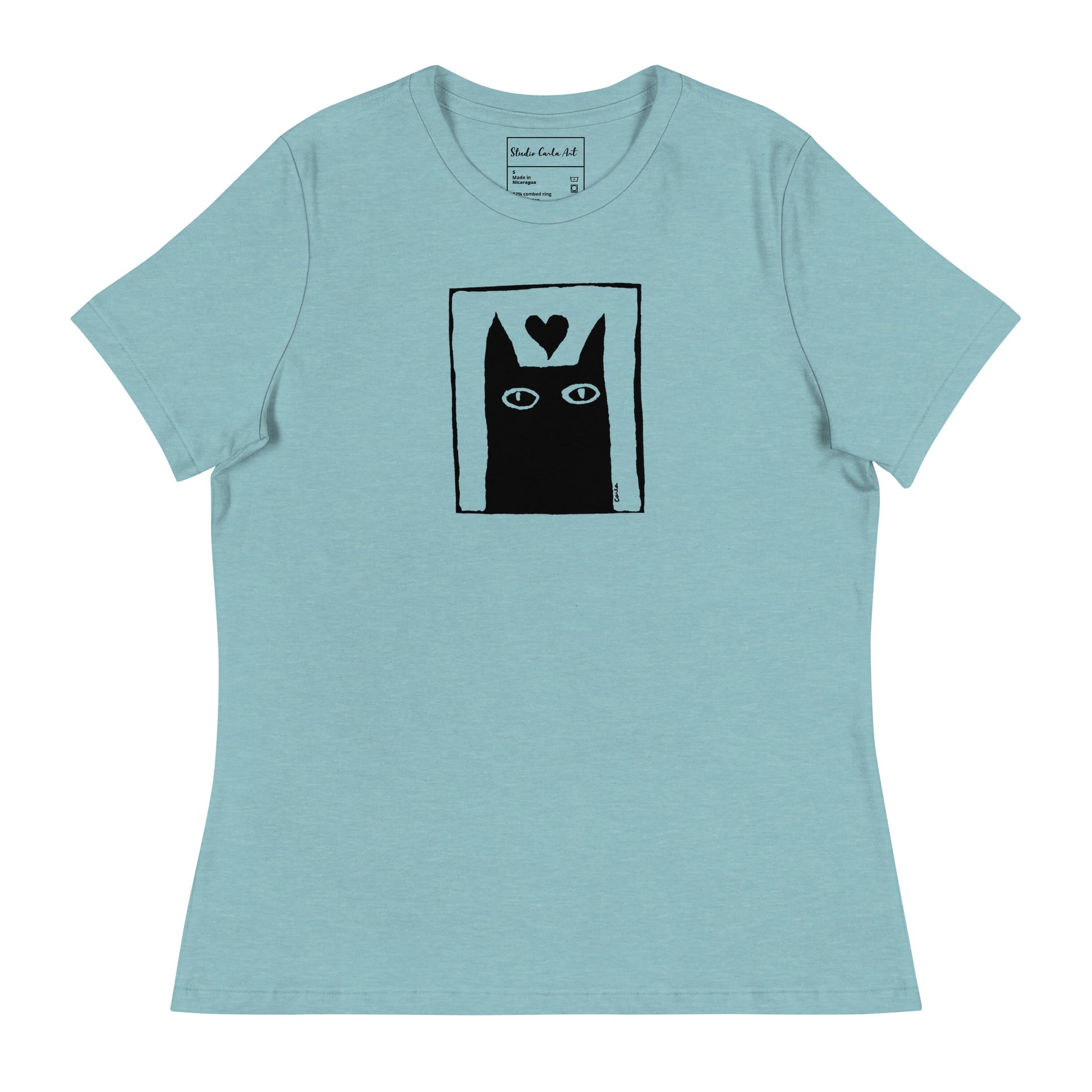 Black kitty cat graphic tee on Bella + Canvas t-shirt by Carla Ventresca Studio Carla Art