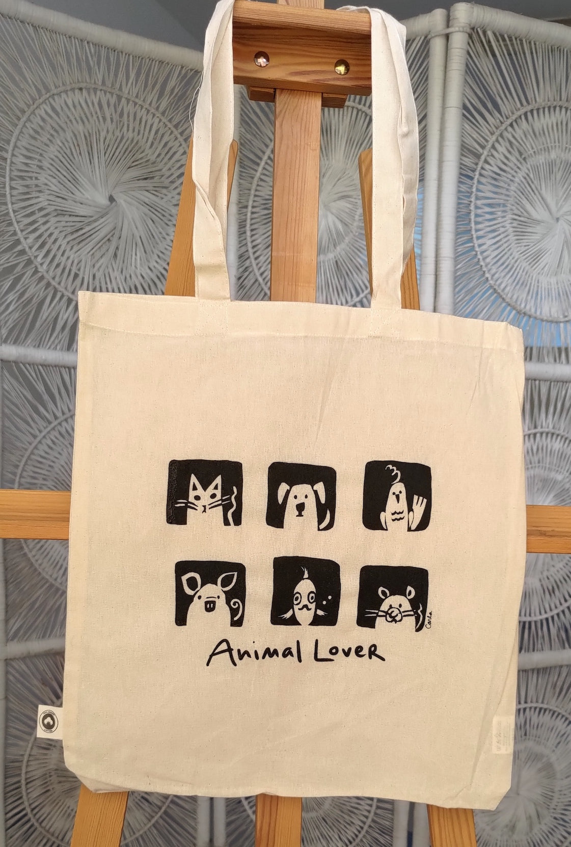 Handmade Animal Lover cat dog bird pig fish mouse organic tote bag Studio Carla Ventresca Miller Art