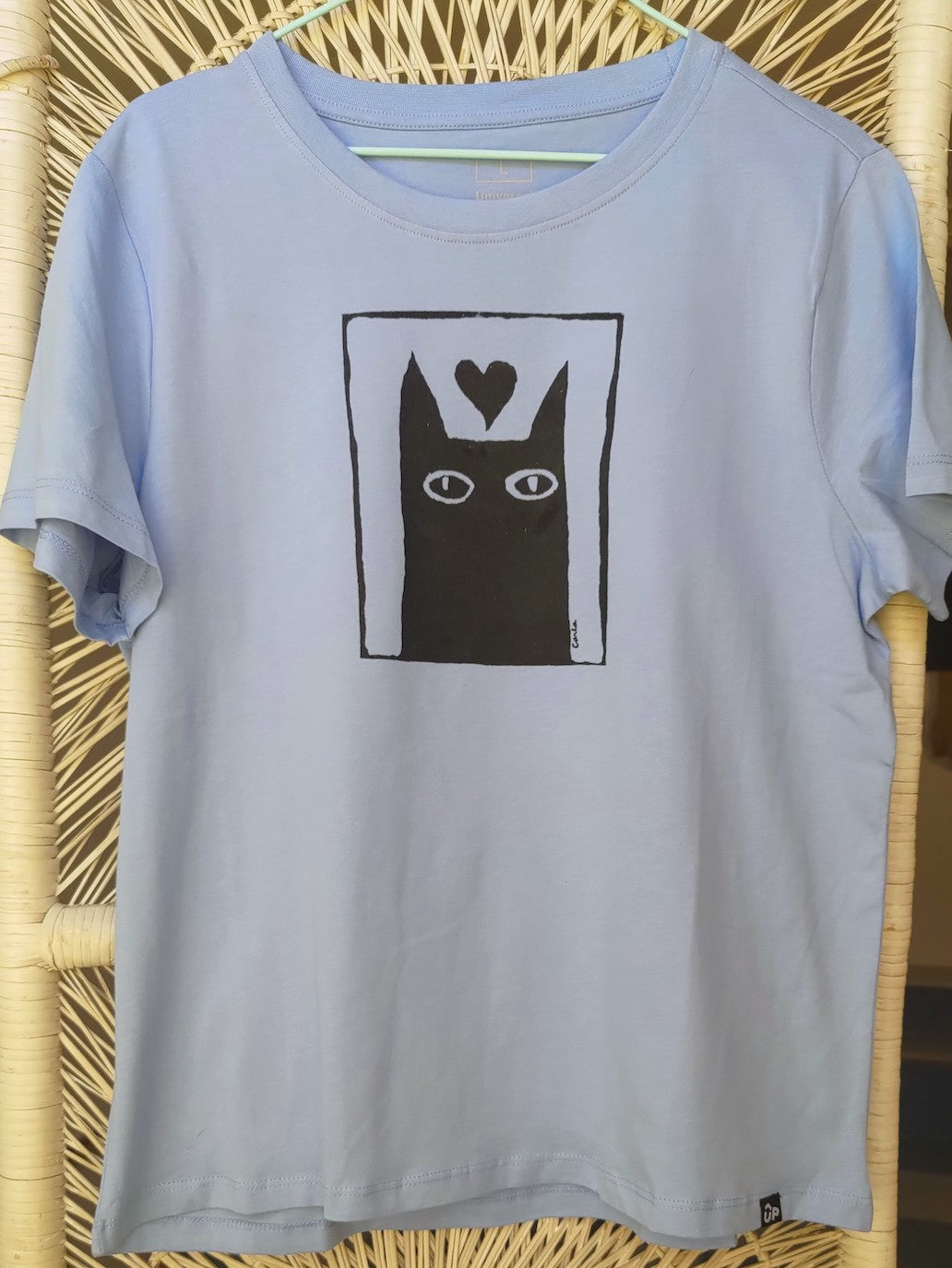 Black kitty cat handmade screen printed t-shirt by Carla Ventresca Carla Miller Art