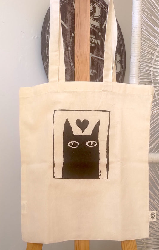 Black kitty cat organic tote bag handmade by Studio Carla Ventresca Miller Art