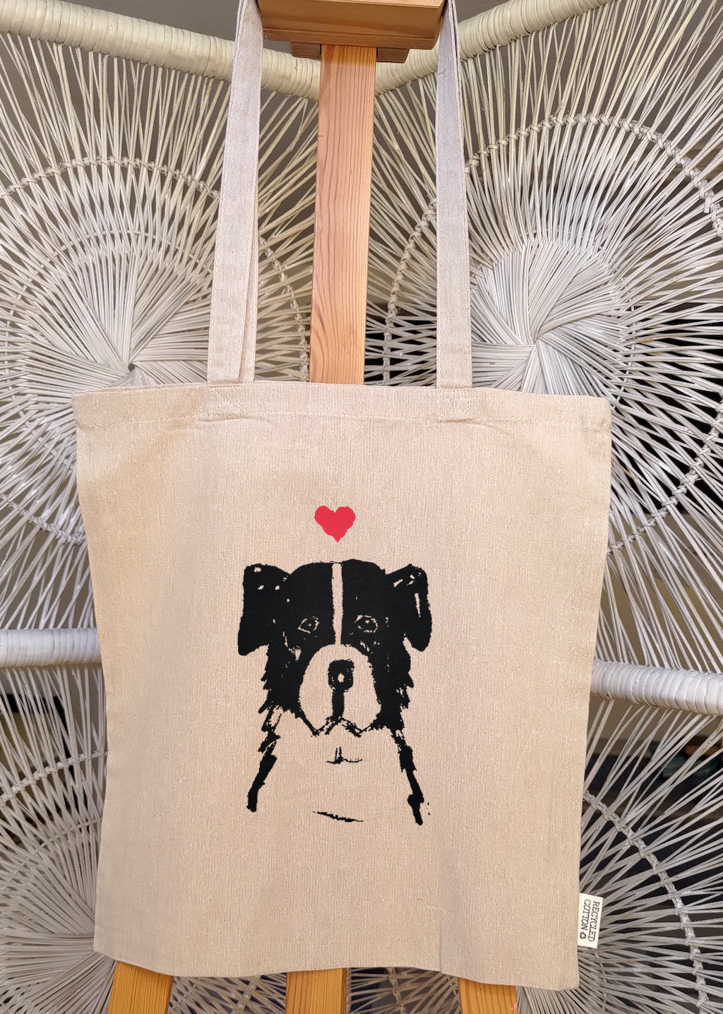 Border Collie Sheepdog handmade on recycled cotton tote bag by Carla Ventresca Studio Carla Art