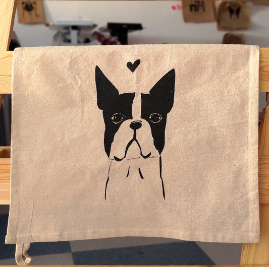 Handmade Boston Terrier tea towel by Carla Ventresca Studio Carla Art