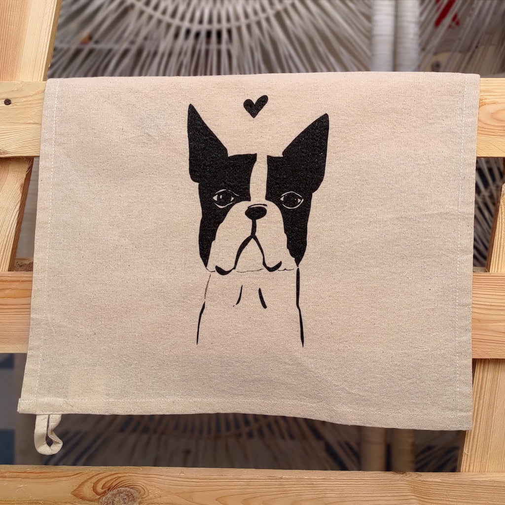 Handmade Boston Terrier tea towel by Carla Ventresca Studio Carla Art