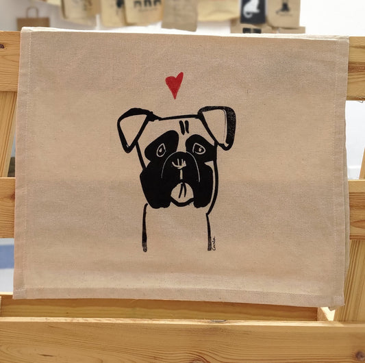 Handmade Boxer Pup Love on cotton tea towel