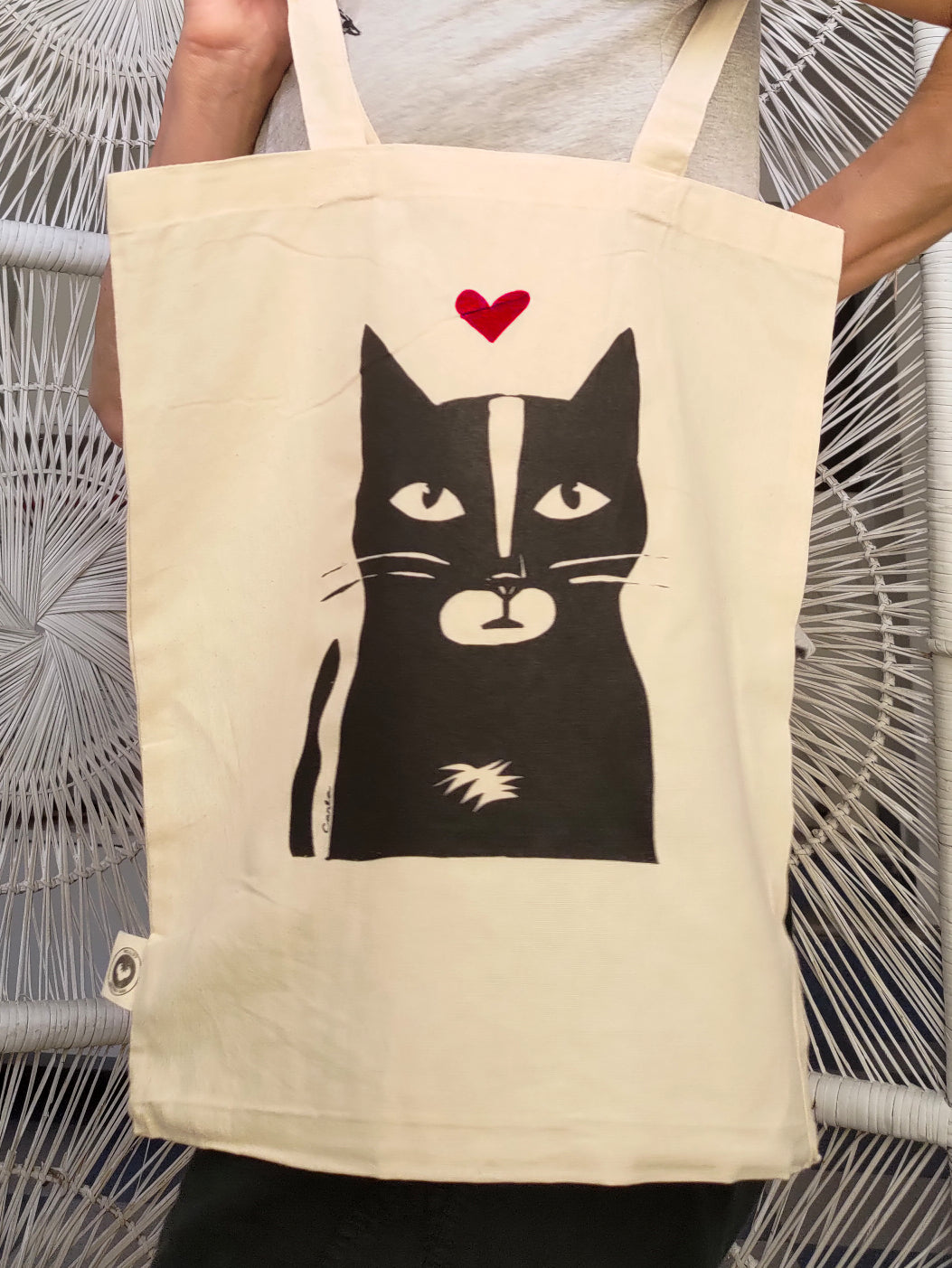 Handmade tuxedo black and white cat on organic tote bag by Studio Carla Art miller ventresca