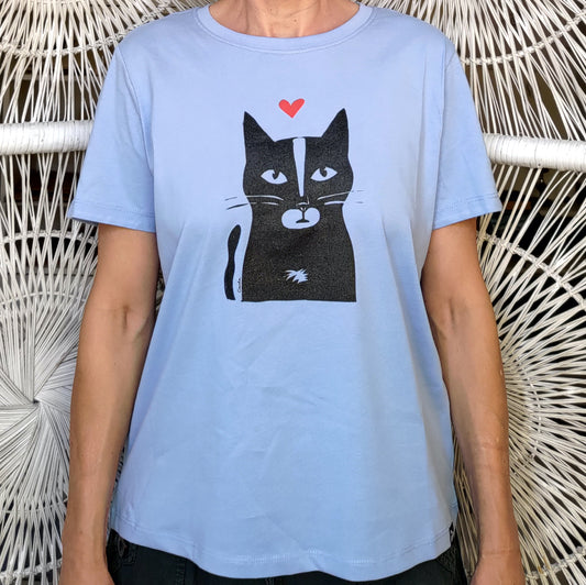 Tuxedo black and white cat handmade t-shirt Carla Ventresca Studio Carla Art