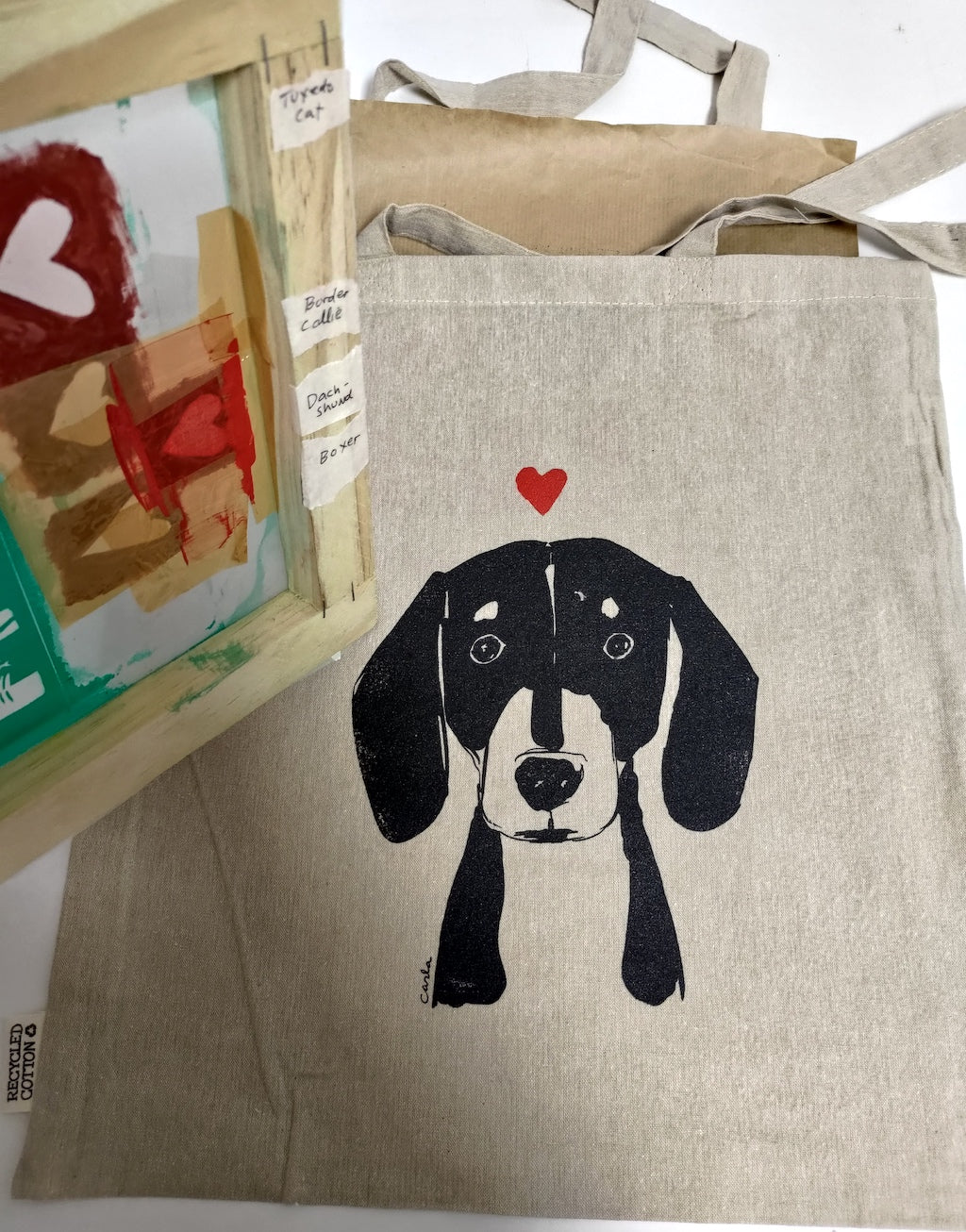 Handmade Dachshund on recycled cotton tote bag Carla Ventresca Studio Carla Art