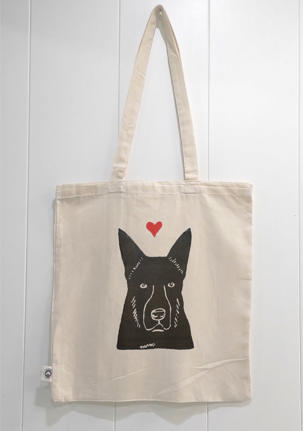 Handmade German Shepherd Akita mix dog on organic tote back by Studio Carla Ventresca art