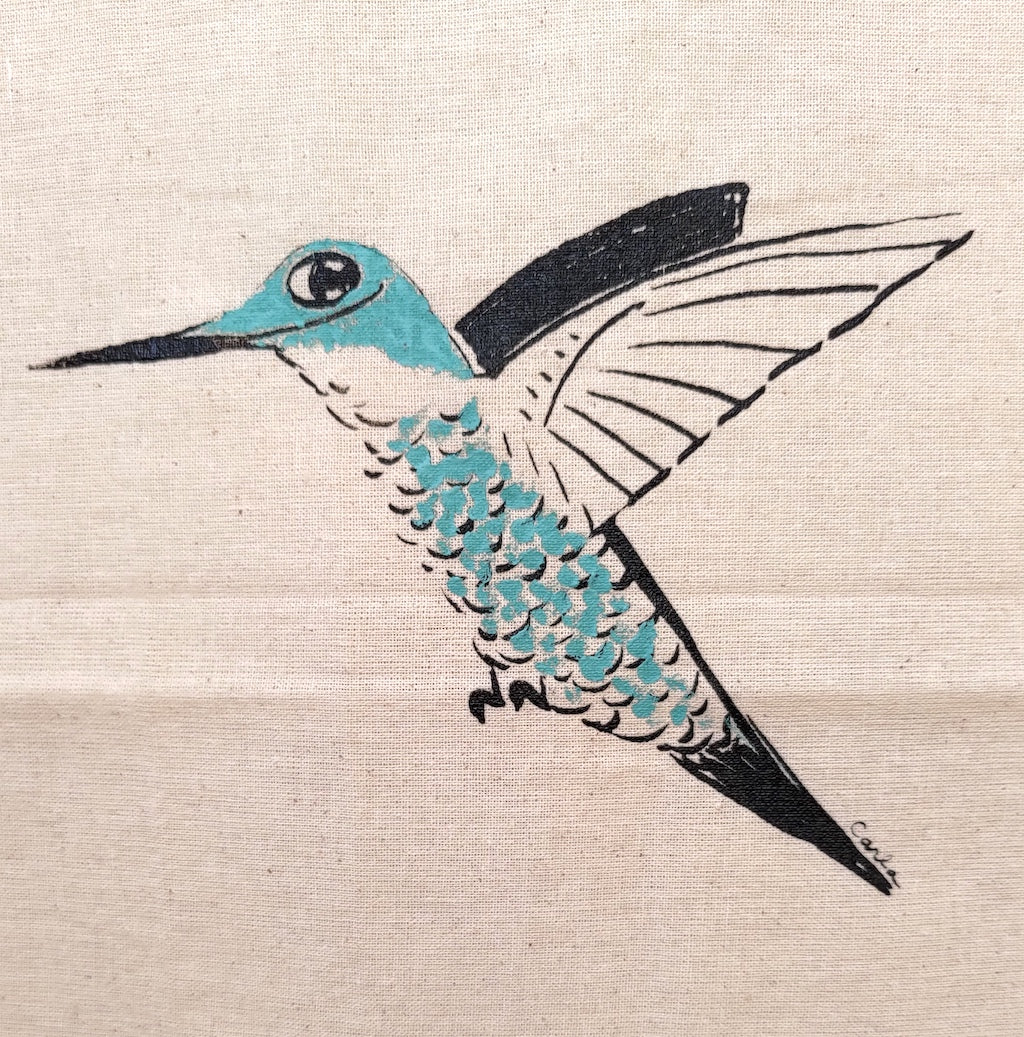 Handmade hummingbird on cotton tea towel by Carla Ventresca Studio Carla Miller Art