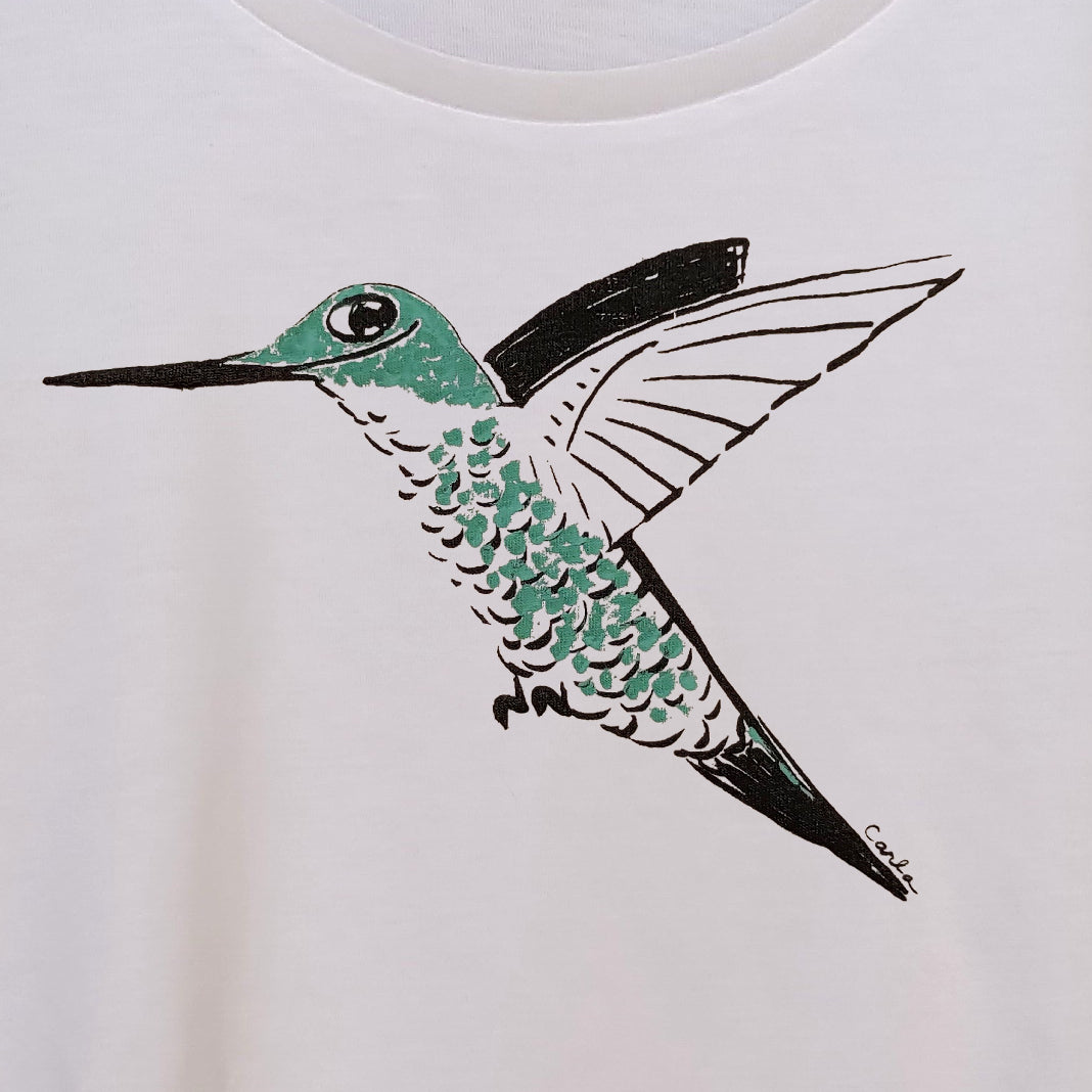 Handmade Happy Hummingbird on soft cotton t-shirt