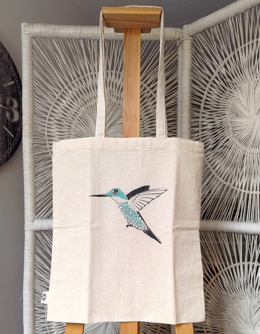 Handmade hummingbird art handpainted on organic tote bag by Carla Ventresca Studio Carla Miller Art