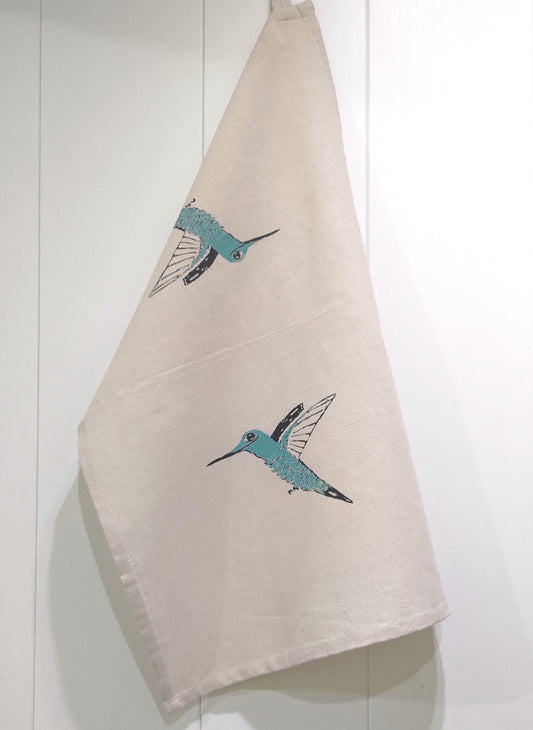 Handmade hummingbird on cotton tea towel by Carla Ventresca Studio Carla Miller Art