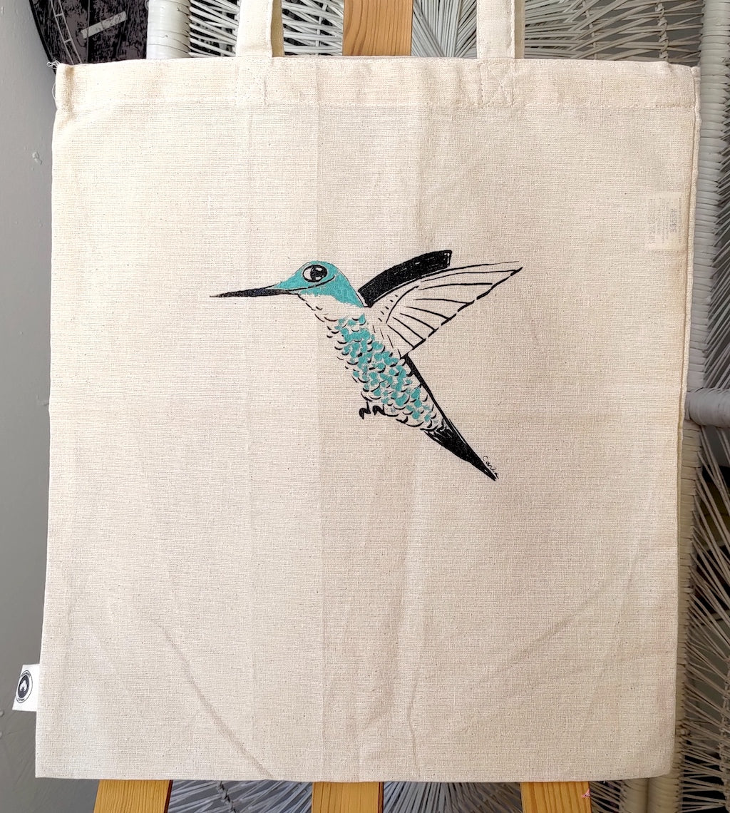 Handmade hummingbird art handpainted on organic tote bag by Carla Ventresca Studio Carla Miller Art
