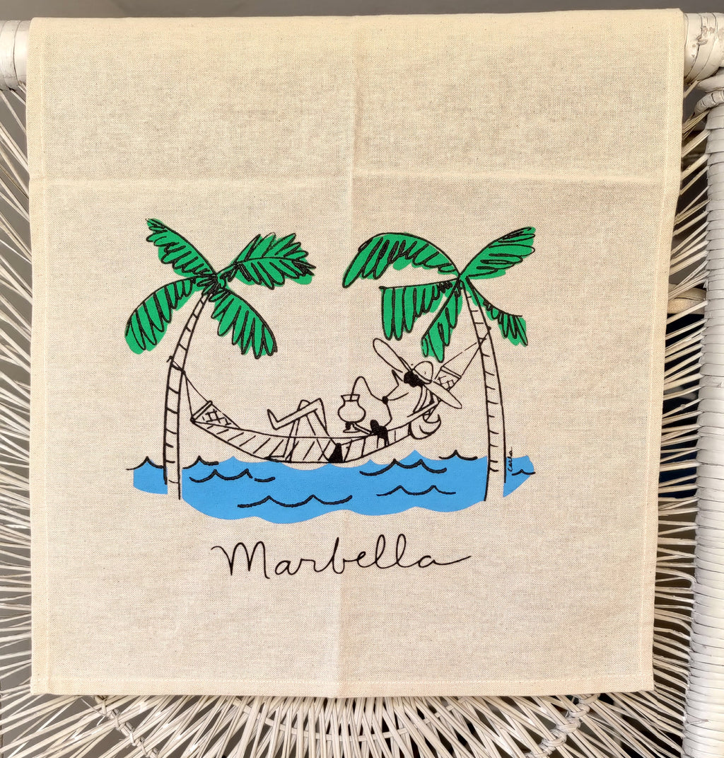 Marbella girl lying on hammock between palm trees mediterranean sea handmade tea towel by Carla Ventresca