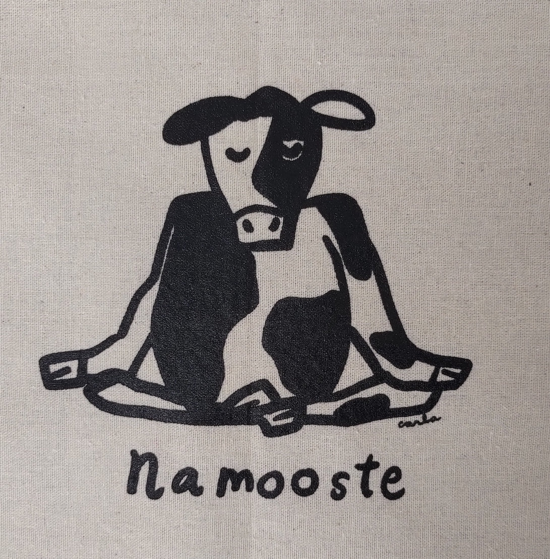 Namooste cow meditating Tea Towel close up Carla Ventresca