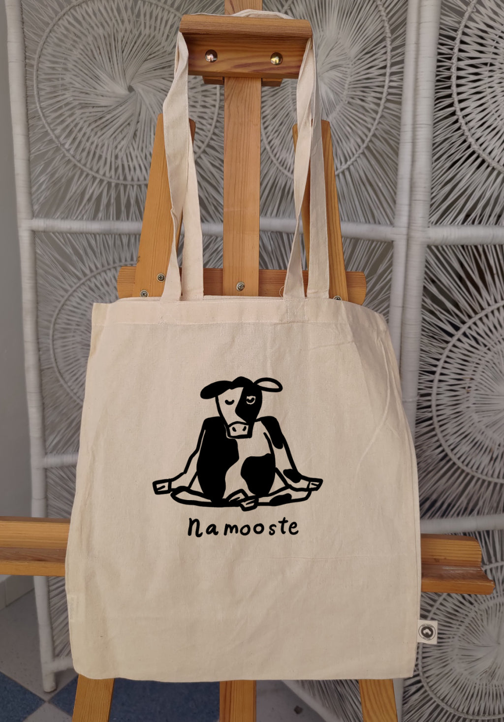 Namooste Cow Meditating handmade organic cotton tote Studio Carla Miller Art Ventresca