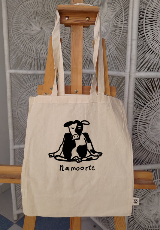 Namooste Cow Meditating handmade organic cotton tote Studio Carla Miller Art Ventresca