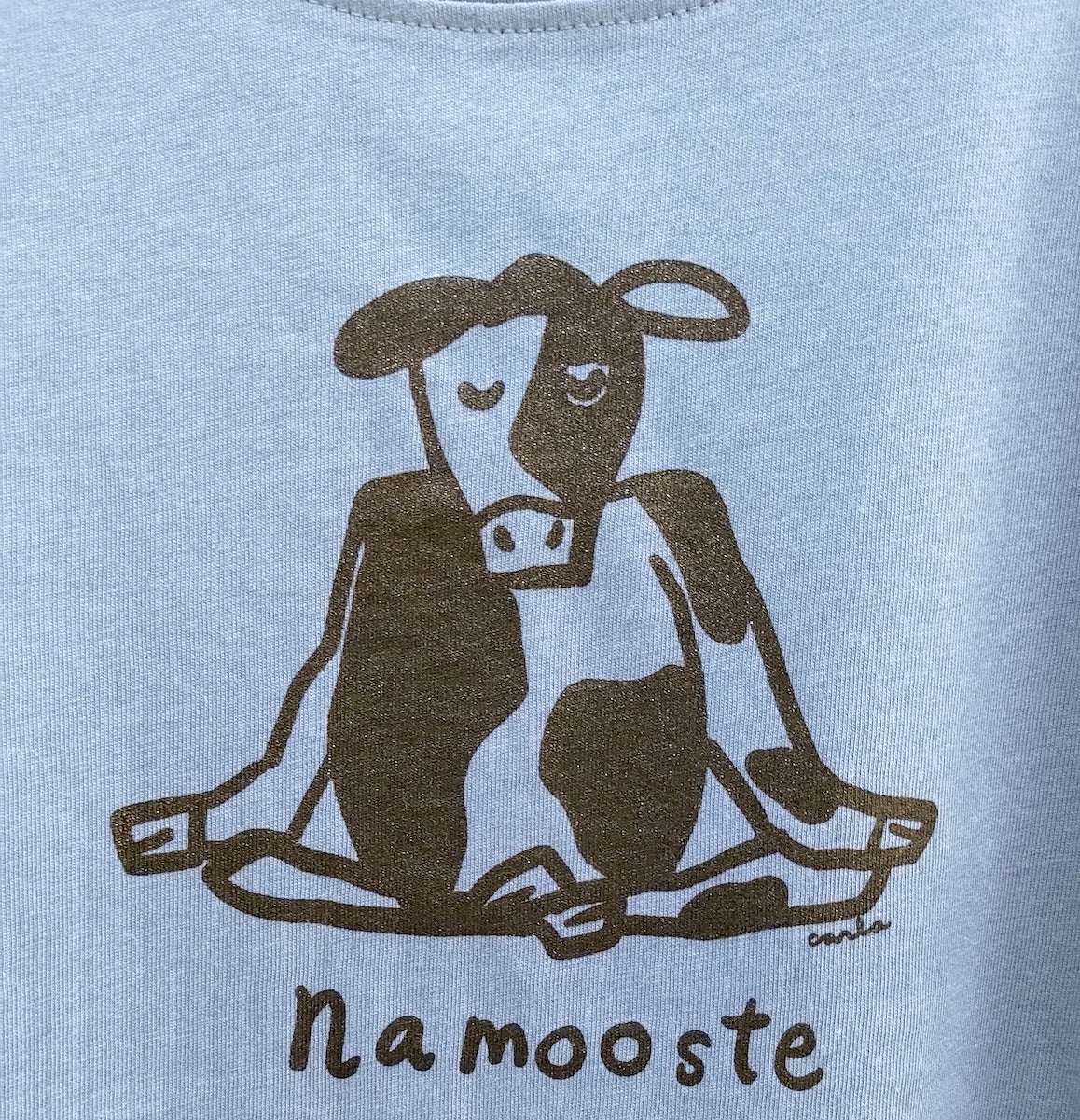 Handmade shirt Namooste meditating black and white cow by Carla Ventresca