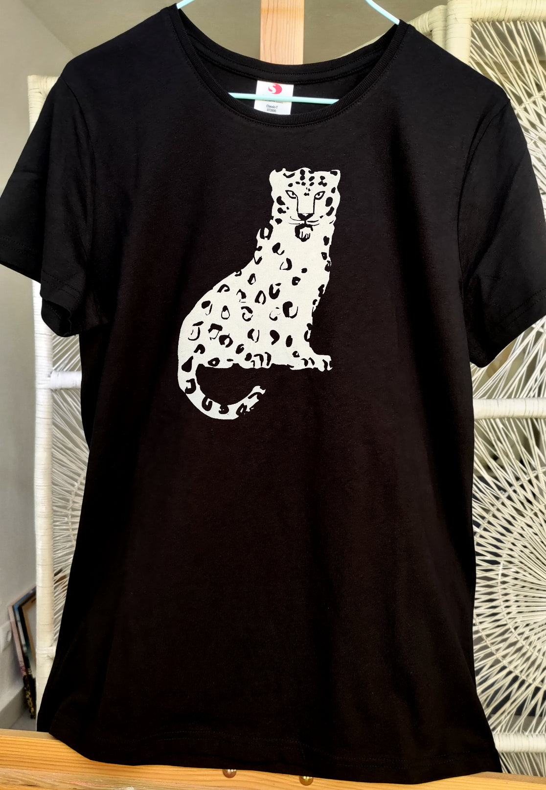 Handmade Snow Leopard on Cotton Black T-Shirt