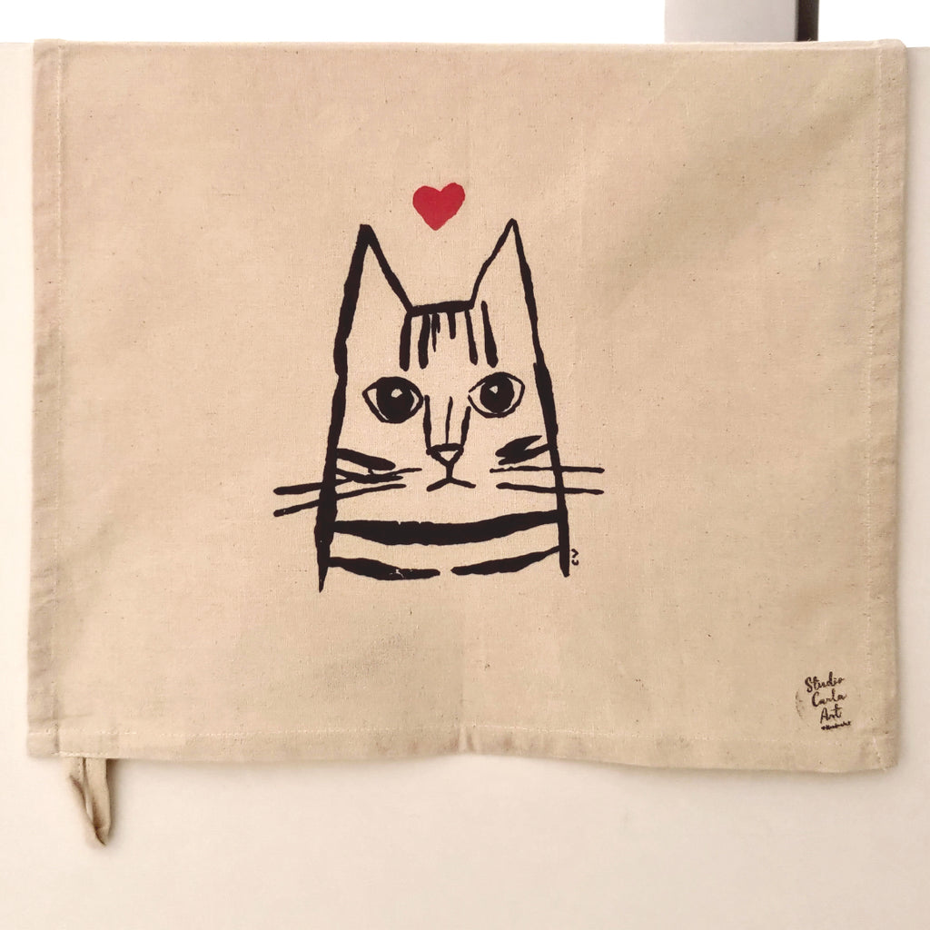 Handmade tabby domestic shorthair cat tea towel Carla Ventresca Studio Carla Art