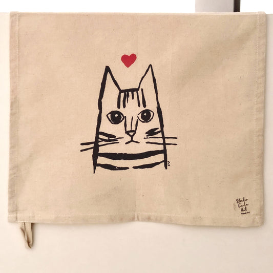 Handmade tabby domestic shorthair cat tea towel Carla Ventresca Studio Carla Art