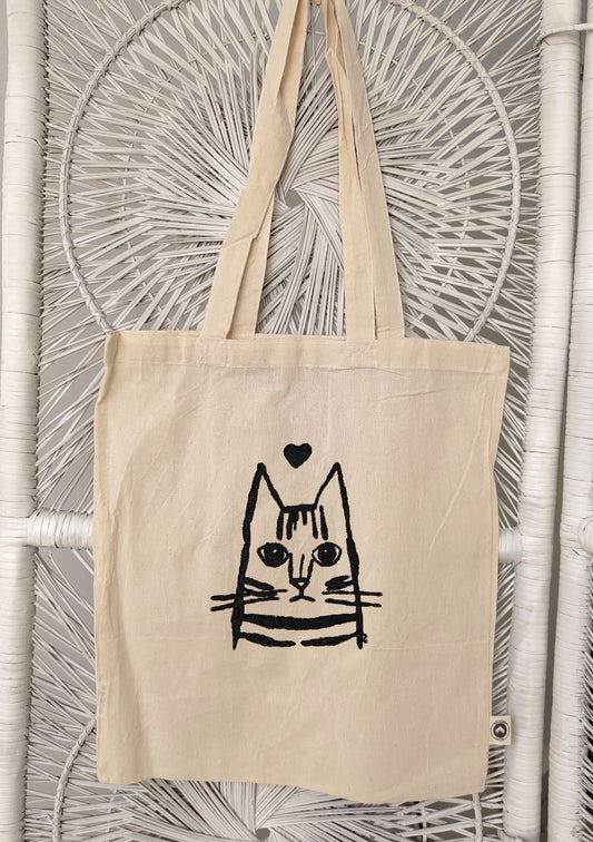 Handmade Tabby Cat Domestic Shorthair organic tote bag Carla Ventresca Miller Art