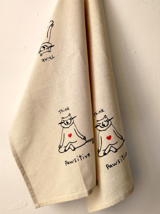 Handmade Think Pawsitive White Kitty on Cotton Tea Towel