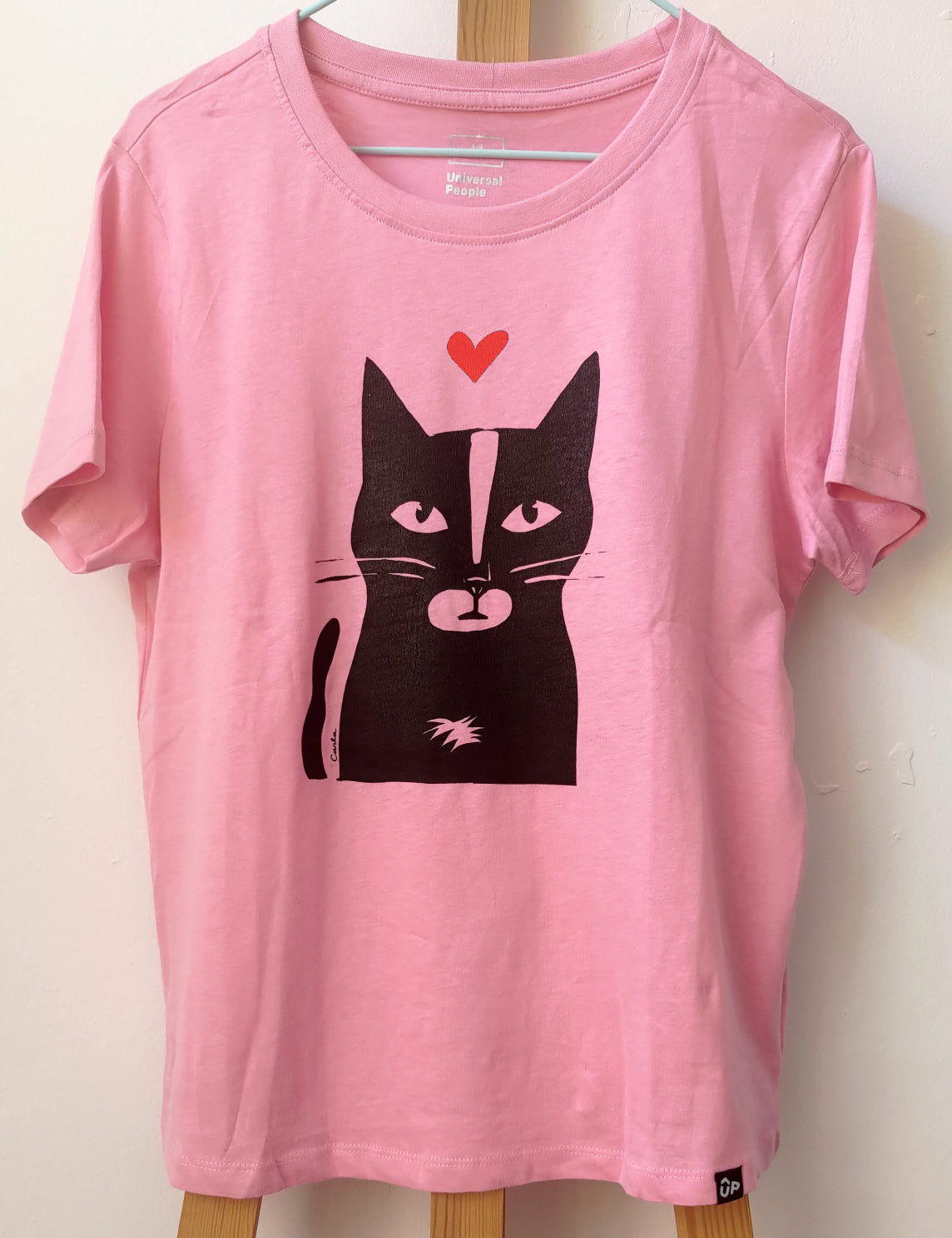 Tuxedo black and white cat handmade pink t-shirt by Studio Carla Ventresca Miller Art