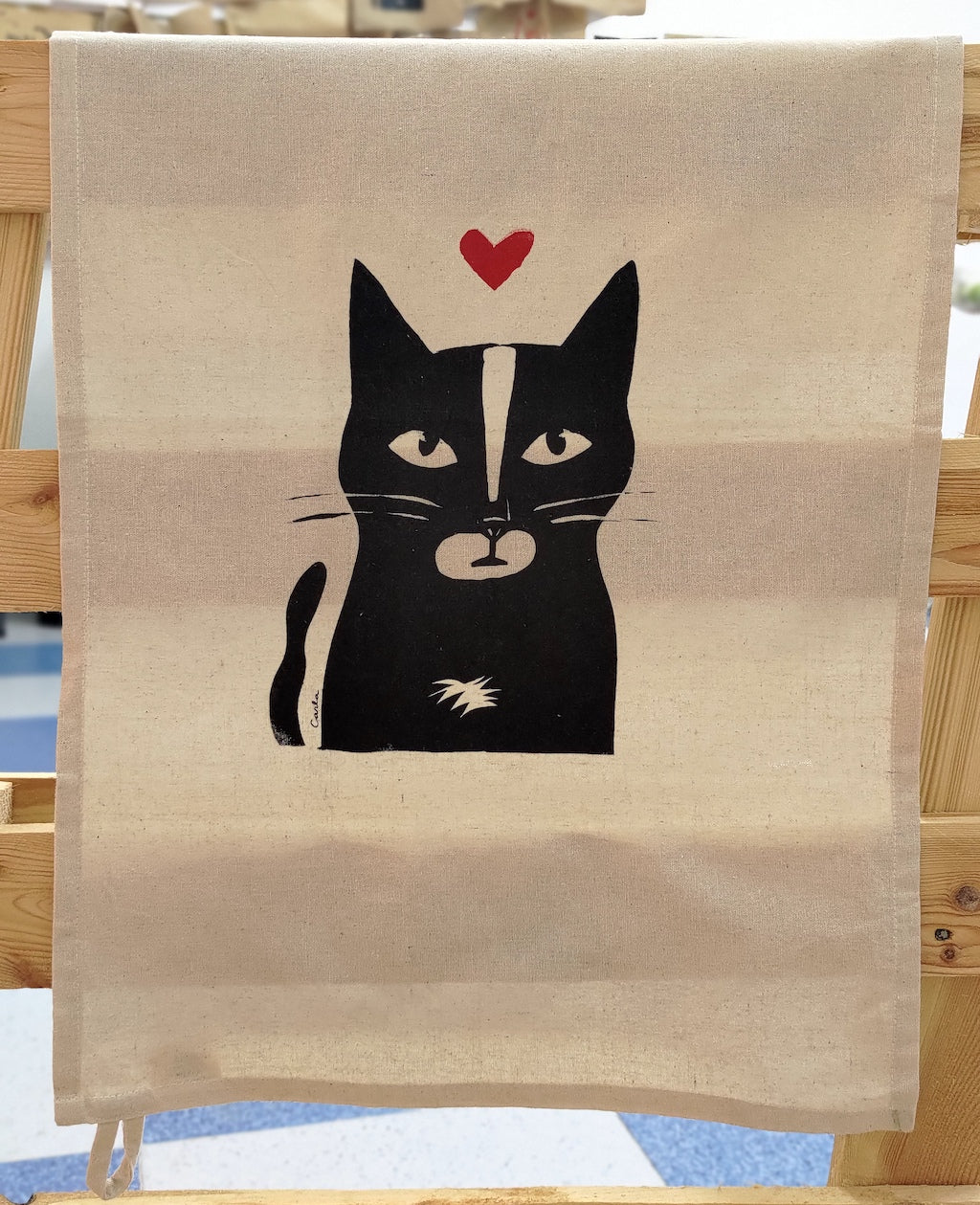 Handmade Tuxedo Kitty Love on cotton tea towel