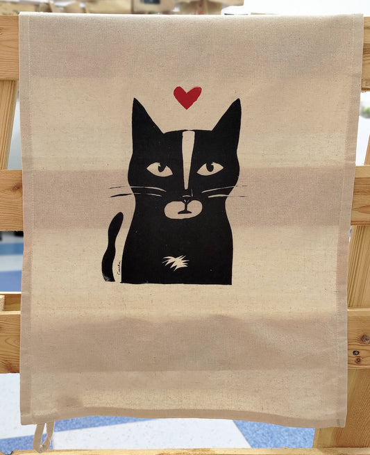 Handmade Tuxedo Kitty Love on cotton tea towel