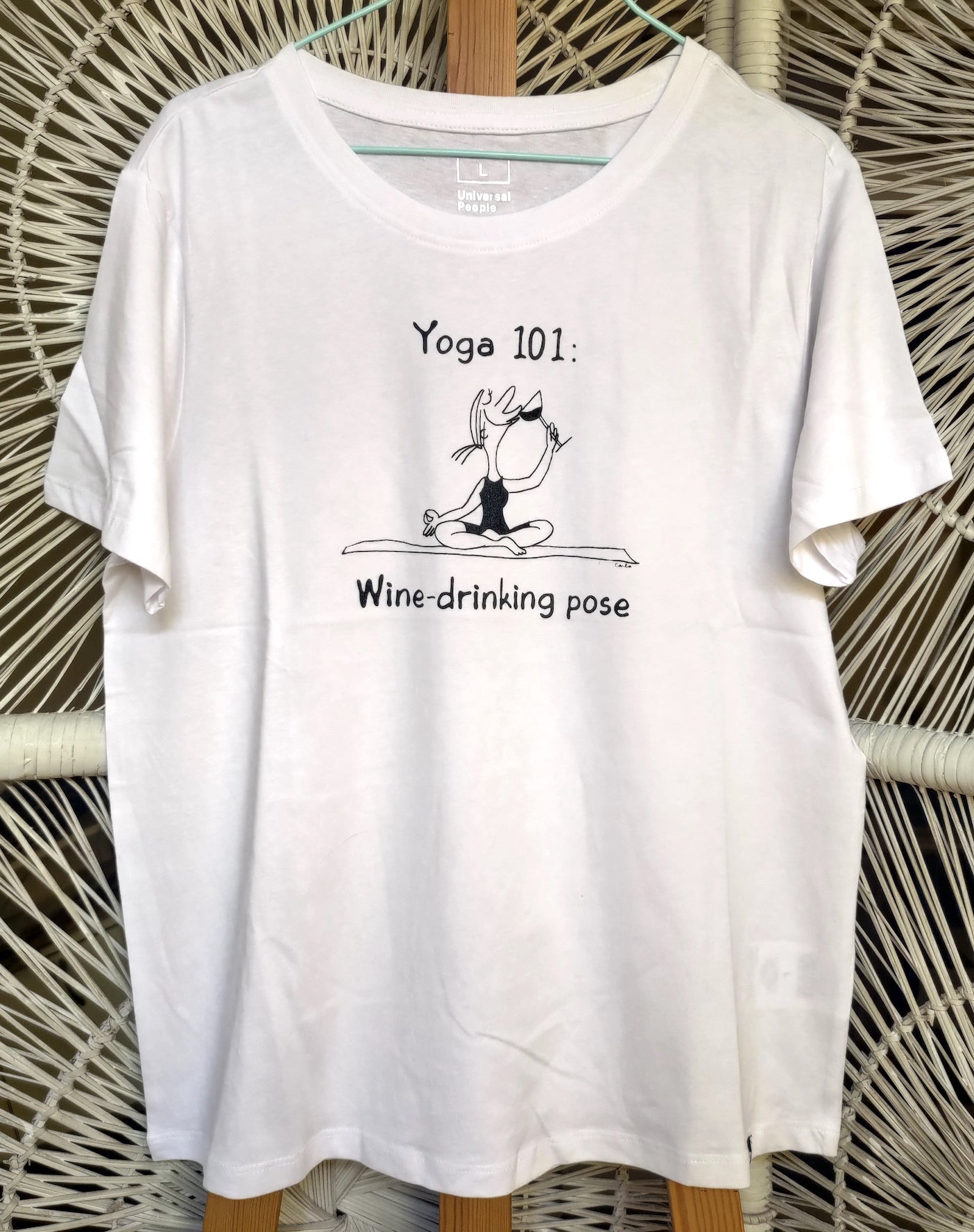 Handmade Yoga wine drinking pose t-shirt by Carla Ventresca Studio Carla Art