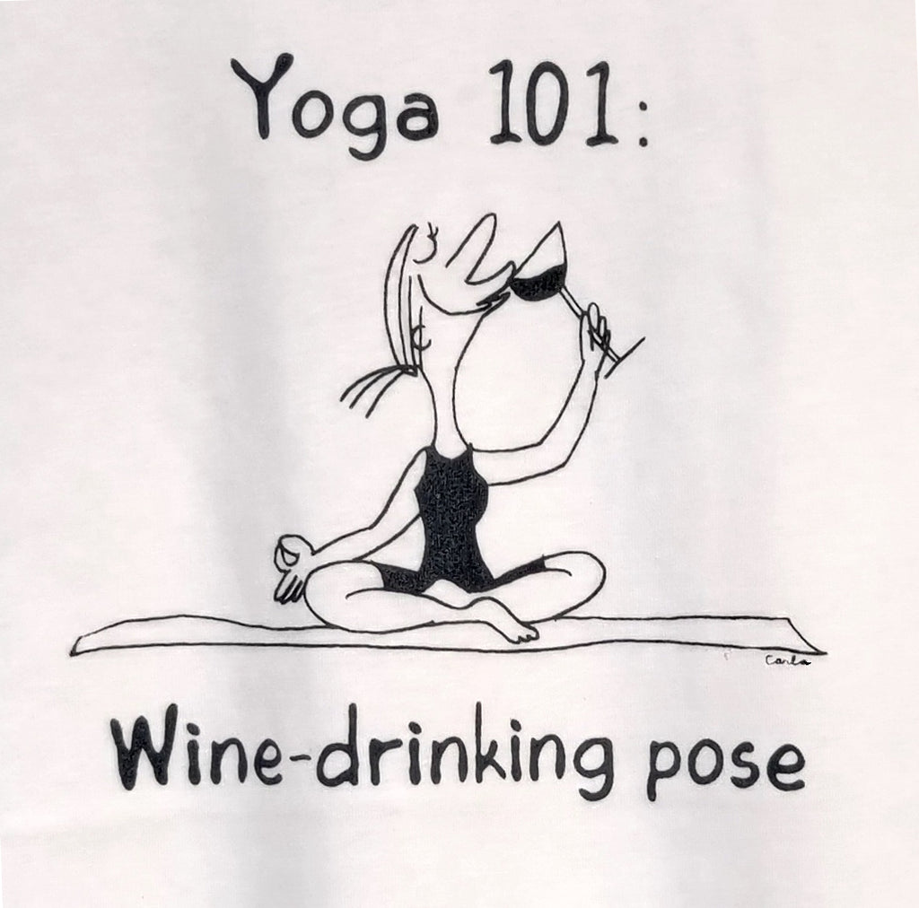 Handmade Yoga wine drinking pose t-shirt by Carla Ventresca Studio Carla Art