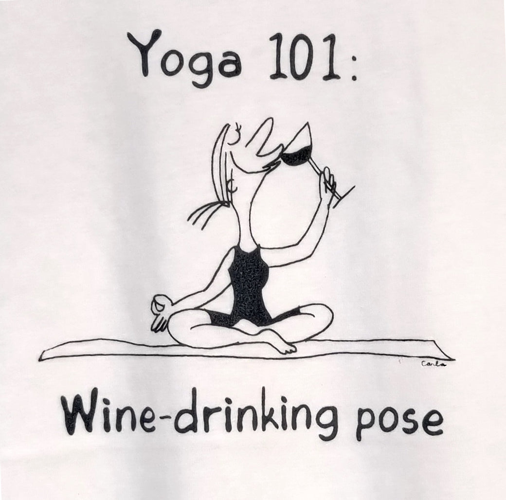 Handmade Yoga wine drinking pose t-shirt by Carla Ventresca Studio Carla Art
