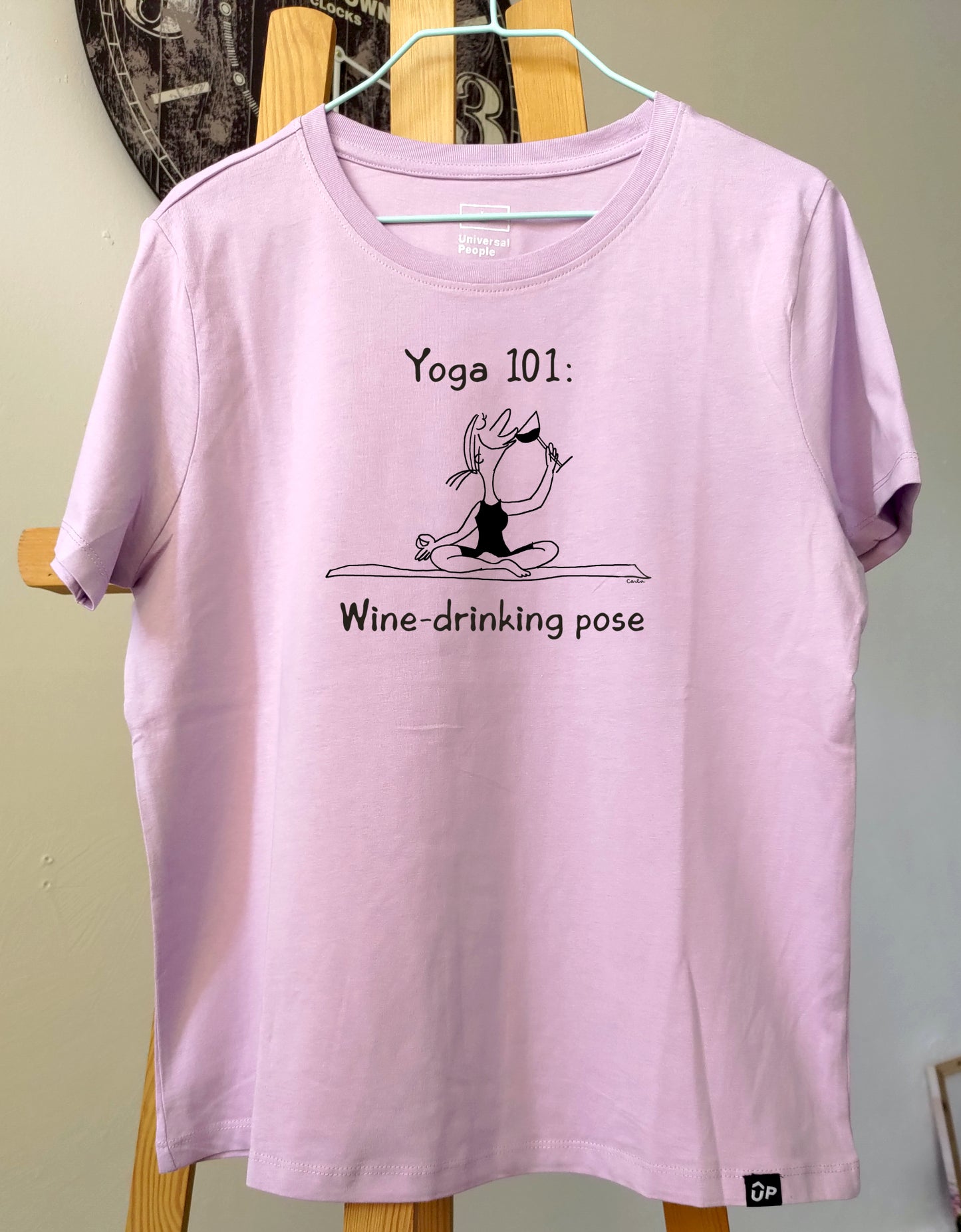 Handmade Yoga wine drinking pose t-shirt by Carla Ventresca Studio Carla Art