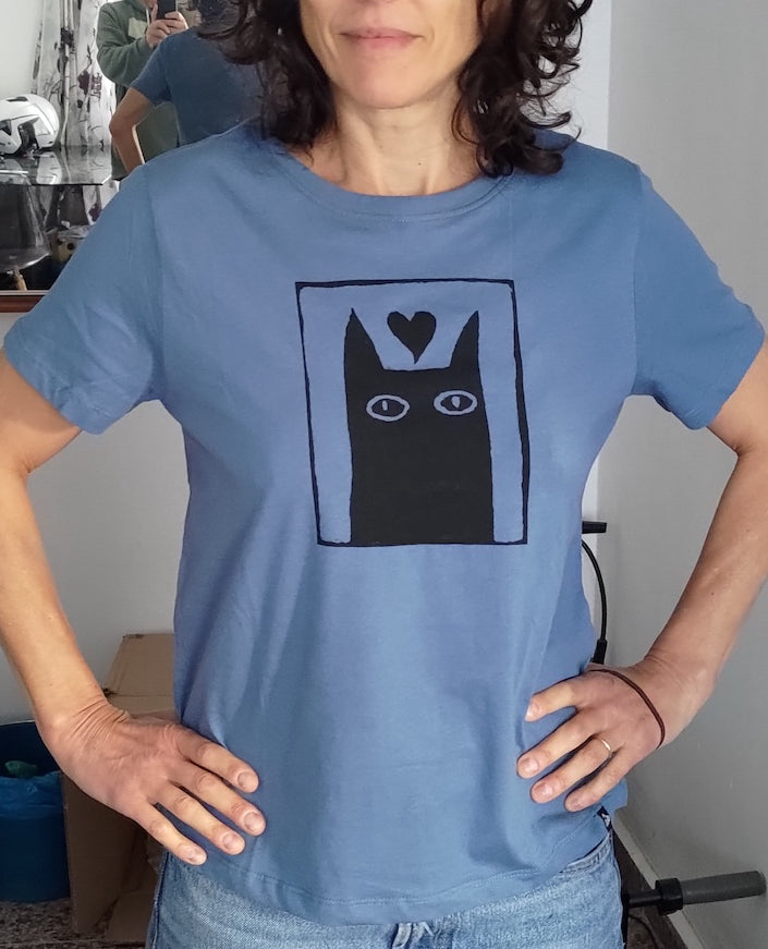 Black kitty cat handmade screen printed t-shirt by Carla Ventresca Carla Miller Art