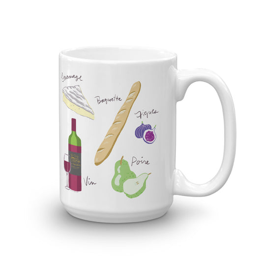 French food ingredients mug brie baguette figs pear wine