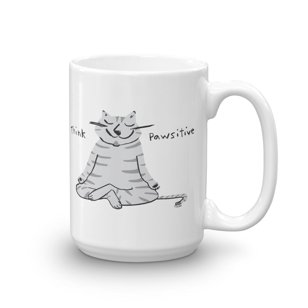 Think Pawsitive Grey Cat Meditating Coffee Mug