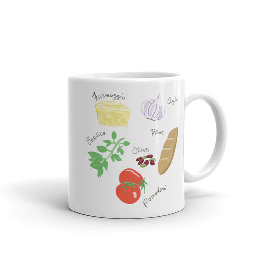 Italian food ingredients coffee mug formaggio garlic basil san marzano tomato olives