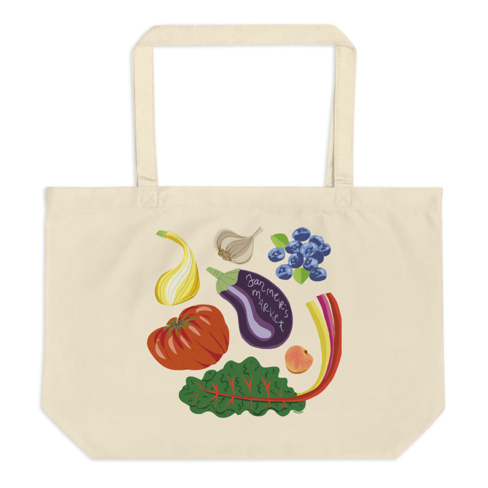 Farmers Market reusable organic tote bag summer squash heirloom tomato garlic blueberries kale eggplant peach