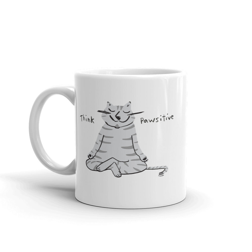 Think Pawsitive Grey Cat Meditating Coffee Mug