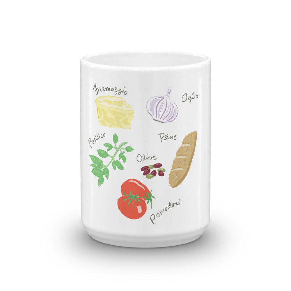 Italian food ingredients coffee mug formaggio garlic basil san marzano tomato olives