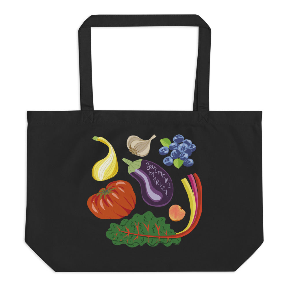 Farmers Market reusable organic tote bag summer squash heirloom tomato garlic blueberries kale eggplant peach