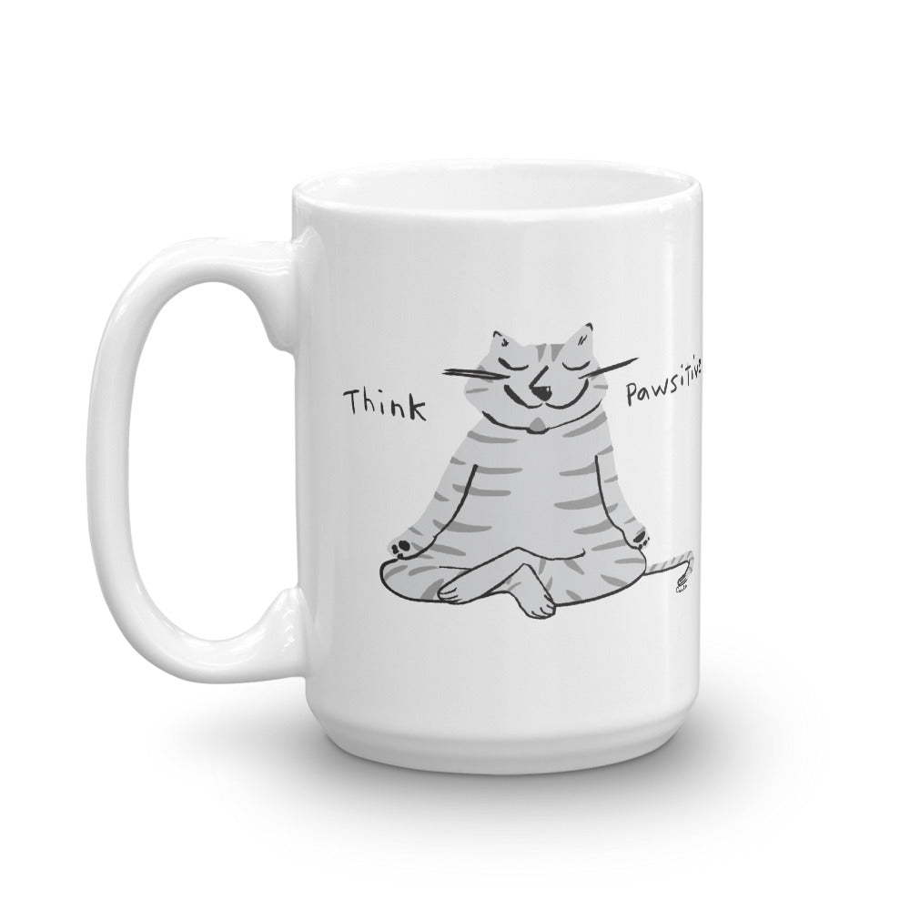 Think Pawsitive Grey Cat Meditating Coffee Mug